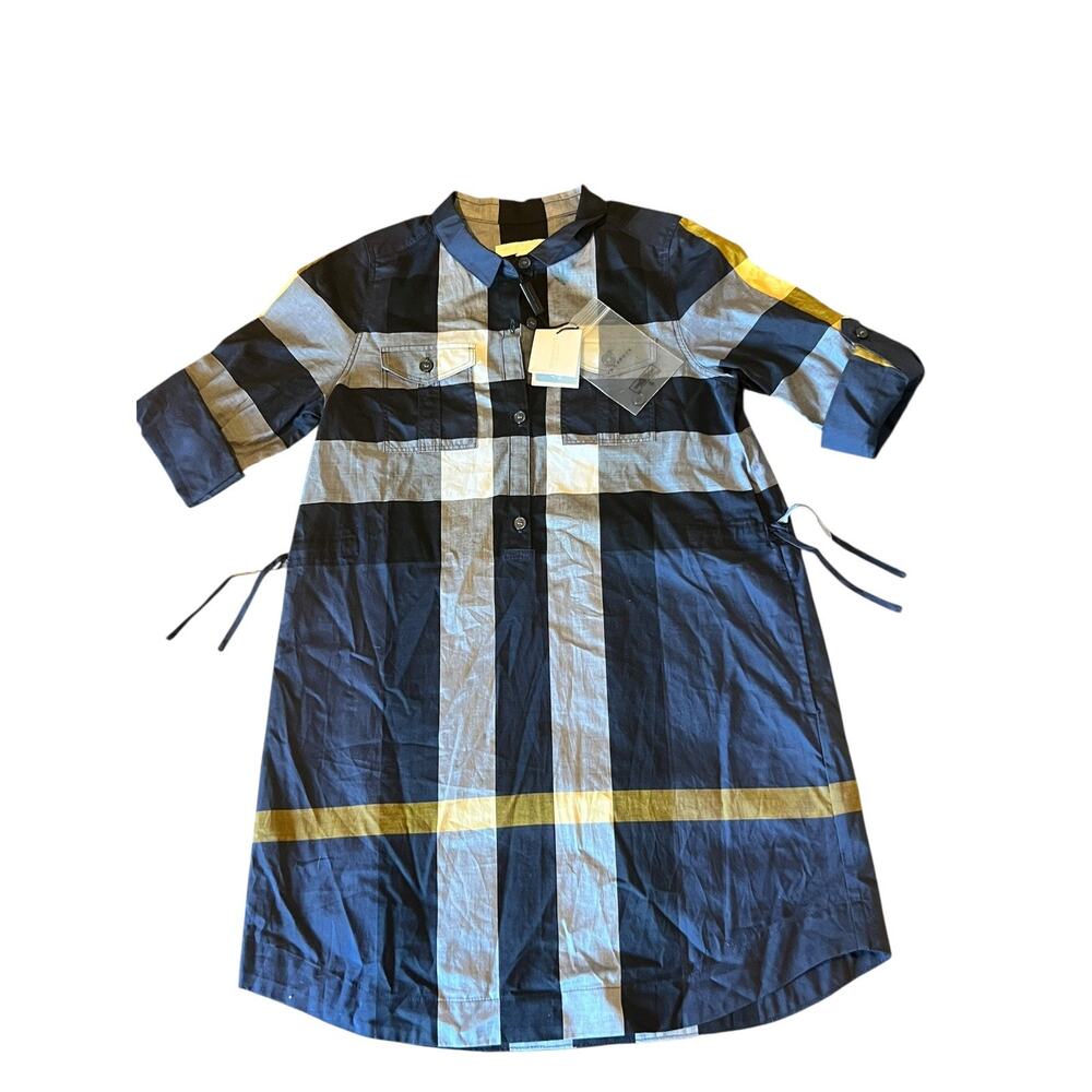NEW! Burberry girls Cotton Blend Check Plaid Girls Sz 7 Blue Tunic Dress